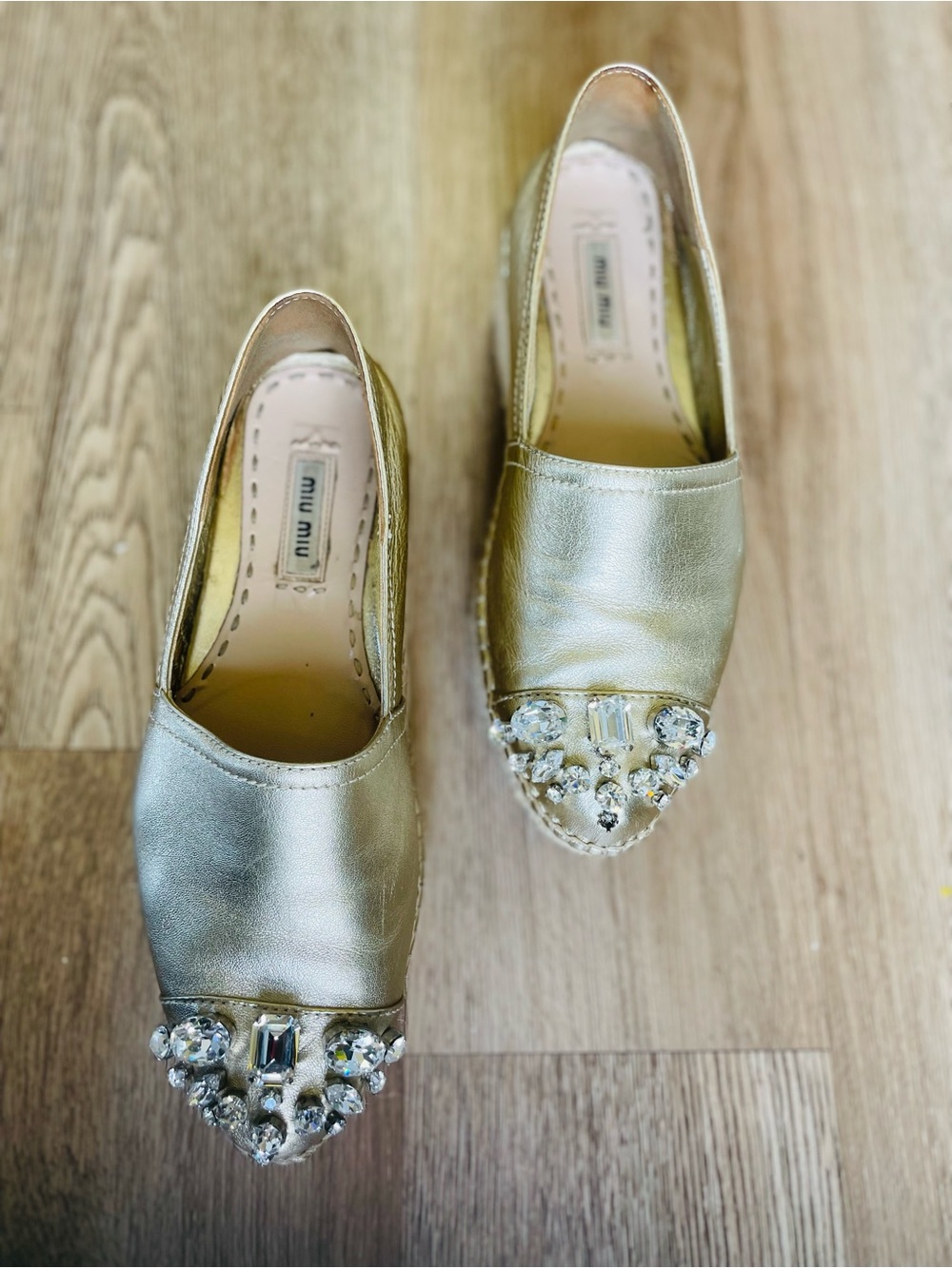 Luxury Miu Miu Metallic Gold Crystal-Embellish Leather Espadrilles Platform